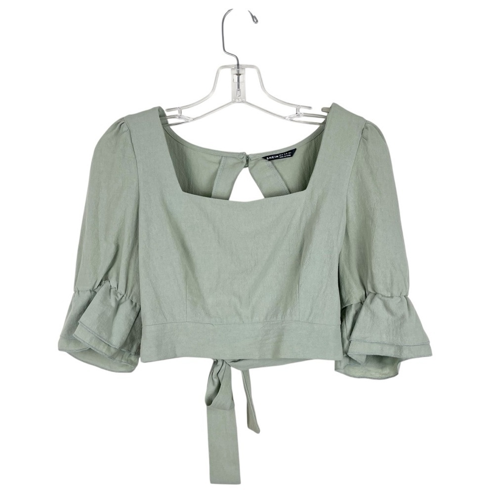 SHEIN Square Neck Cotton Cropped Ruffle Sleeve Tie Back Blouse Sage Green Sz M